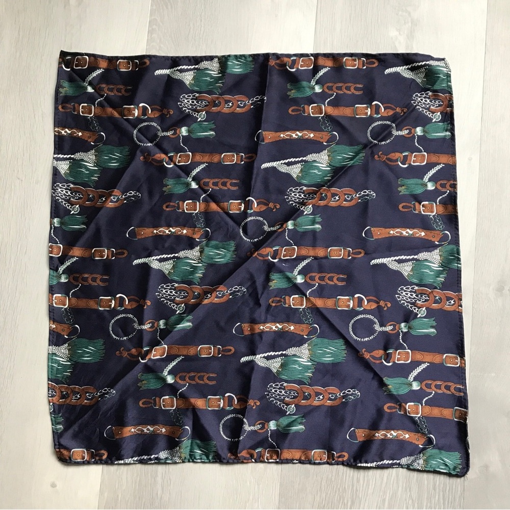 SATIN SQUARE SCARF EQUESTRIAN ALL OVER BANDANA NAVY GREEN BROWN